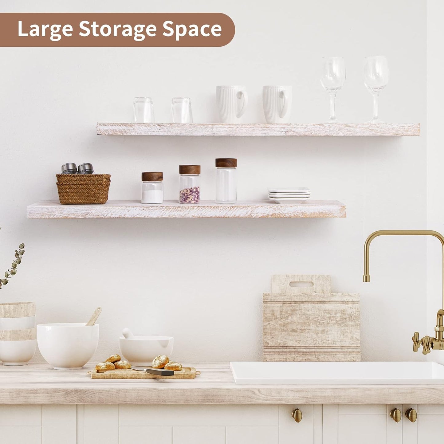 Axeman Floating Shelves for Wall, 8 Inch Deep Rustic Solid Elm Wood Wall Shelves for Storage, Wall Mounted Display Shelving with Invisible Heavy-Duty Metal Bracket, 36'' Width Set of 2, White Wash