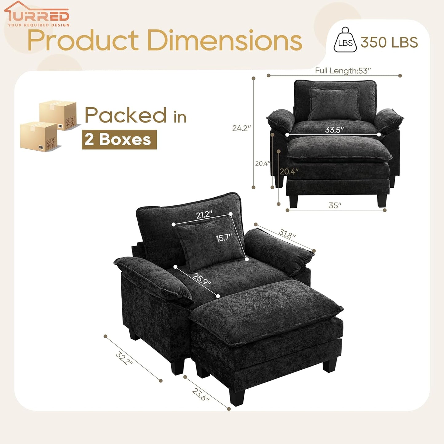 URRED Modular Sectional Sofa Comfy Cloud Couch, Modern Chenille Sofa Sleeper Deep Seat Couches with Ottoman/Pillows for Living Room (Black, 53''- Ottoman)