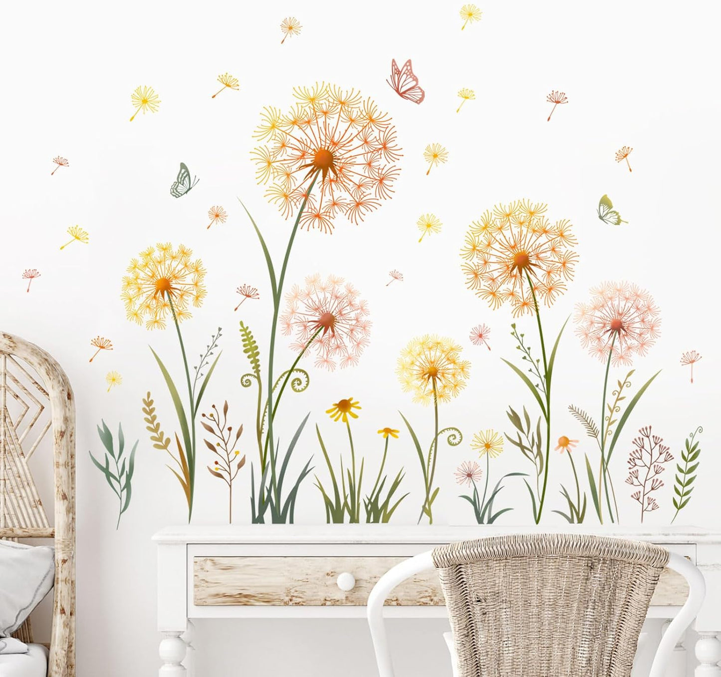 Dandelion Flower Butterfly Wall Decals Gold Dandelion Plants Floral Wall Stickers Peel and Stick Vinyl Wall Art Decor for Living Room Bedroom Office TV Sofa Backdrop Home Decor Gifts for Mom