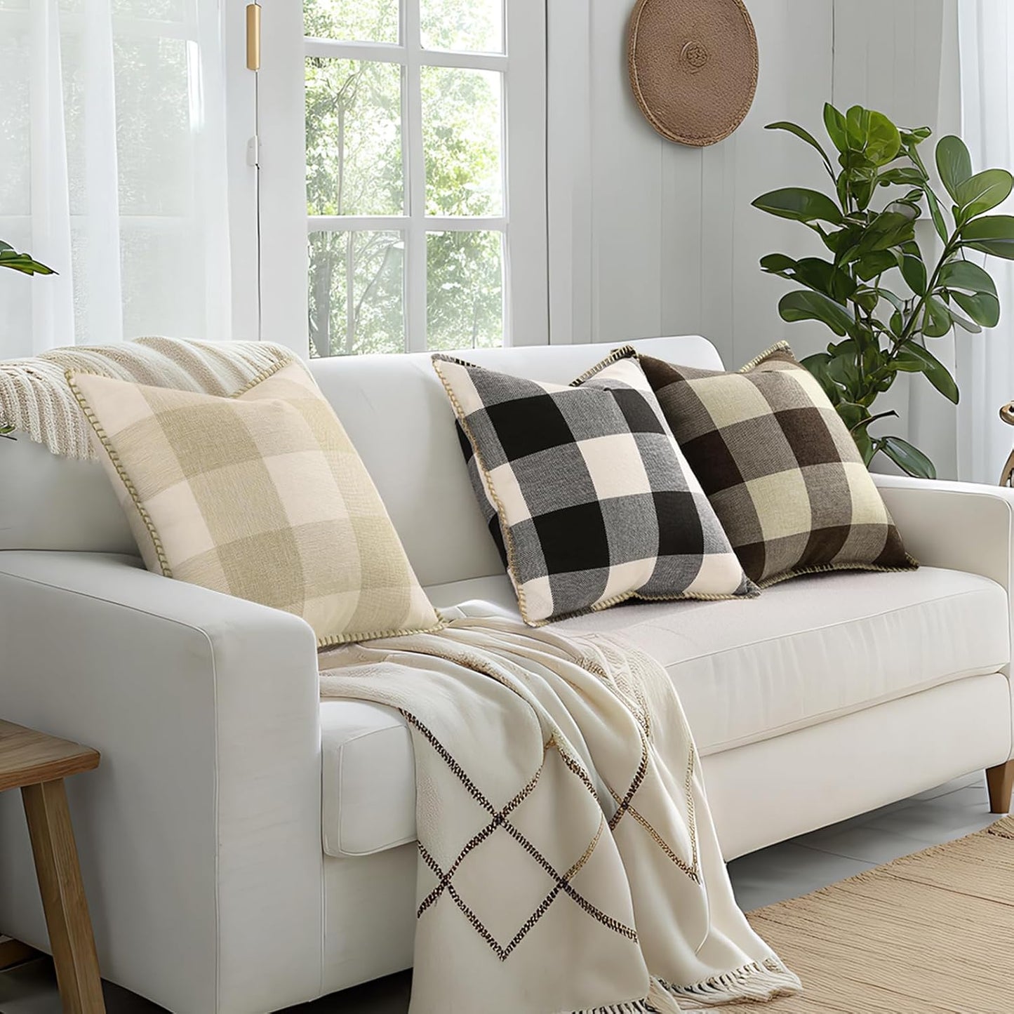 decorUhome Buffalo Plaid Check Throw Pillow Covers 16x16 Set of 2, Outdoor Decorative Farmhouse Neutral Pillow Covers with Stitched Edge for Bed Couch Sofa, Brown and Beige