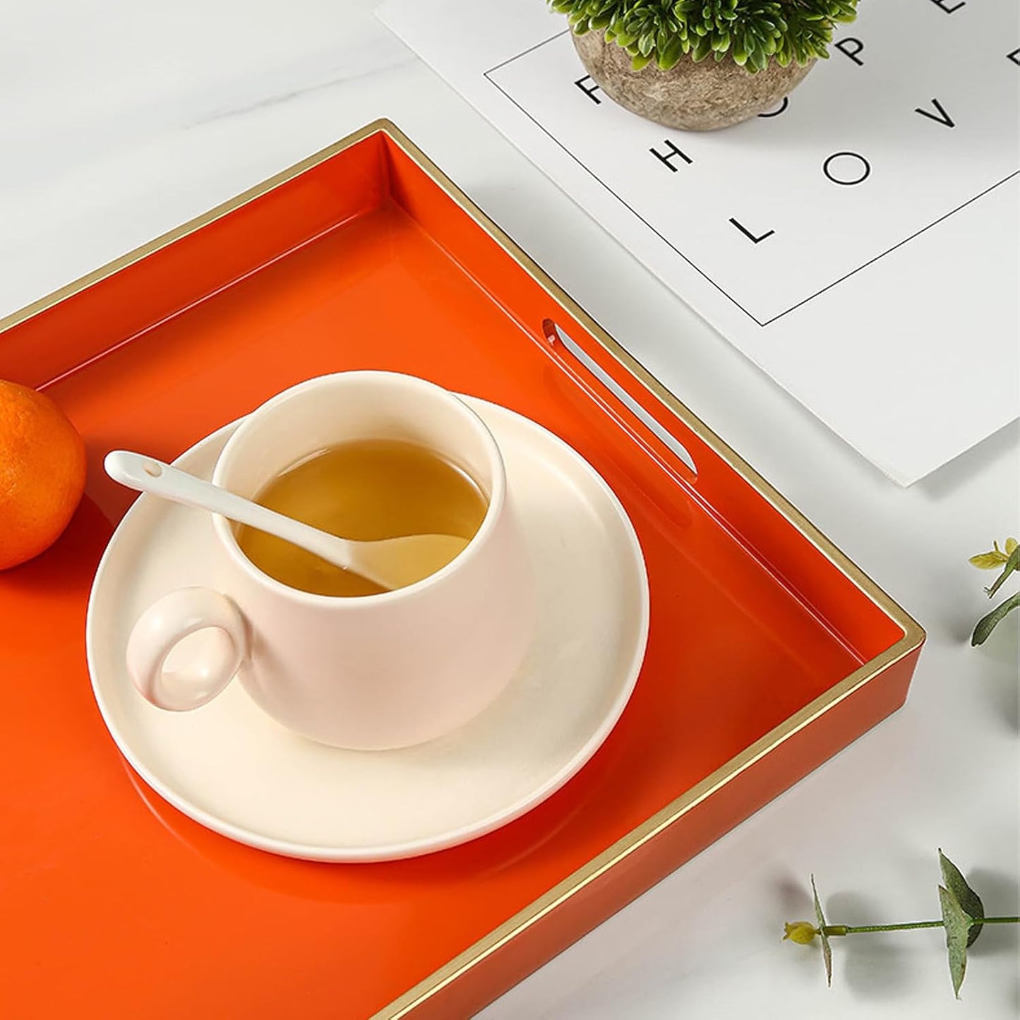 Spsyrine Orange Decorative Serving Tray with Handles, Elegant Plastic Coffee Table Tray for Ottoman, Living Room, Home Decor 15.6" X 10.2"