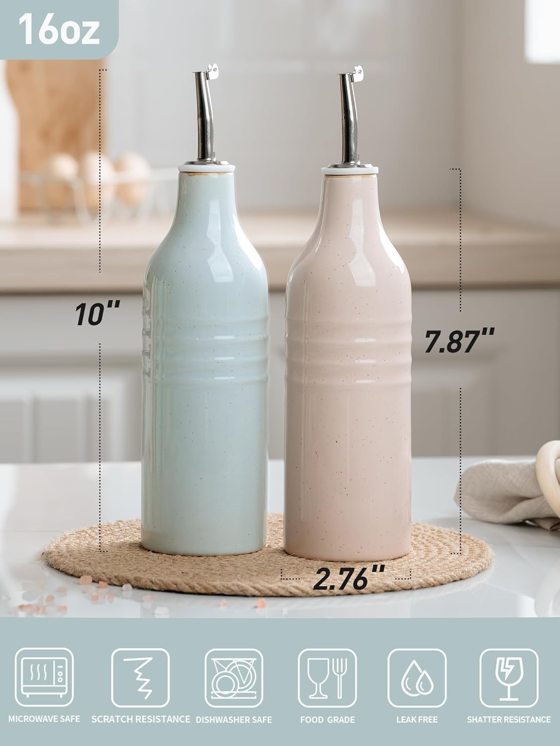 famiware Jupiter 16oz Ceramic Olive Oil Dispenser Bottle, Olive Oil and Vinegar Dispenser Bottle Set of 2 with Stainless Steel Pourers, Suitable for Storage Vinegar, Liquids, Light Blue & Light Pink