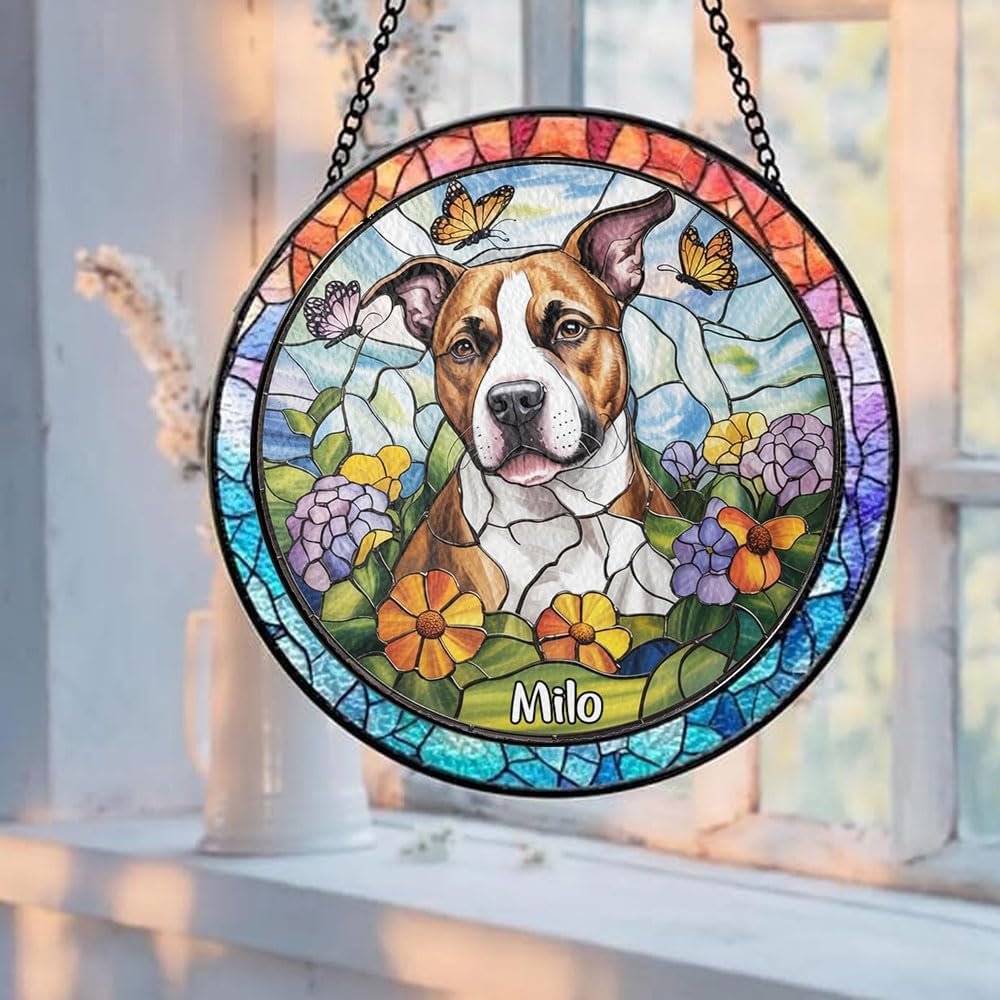 Custom Stained Glass Dog Portrait with Pet Name, Personalized Window Hanging, Pet Loss Memorial Gift, Unique Keepsake Decoration for Dog Lovers
