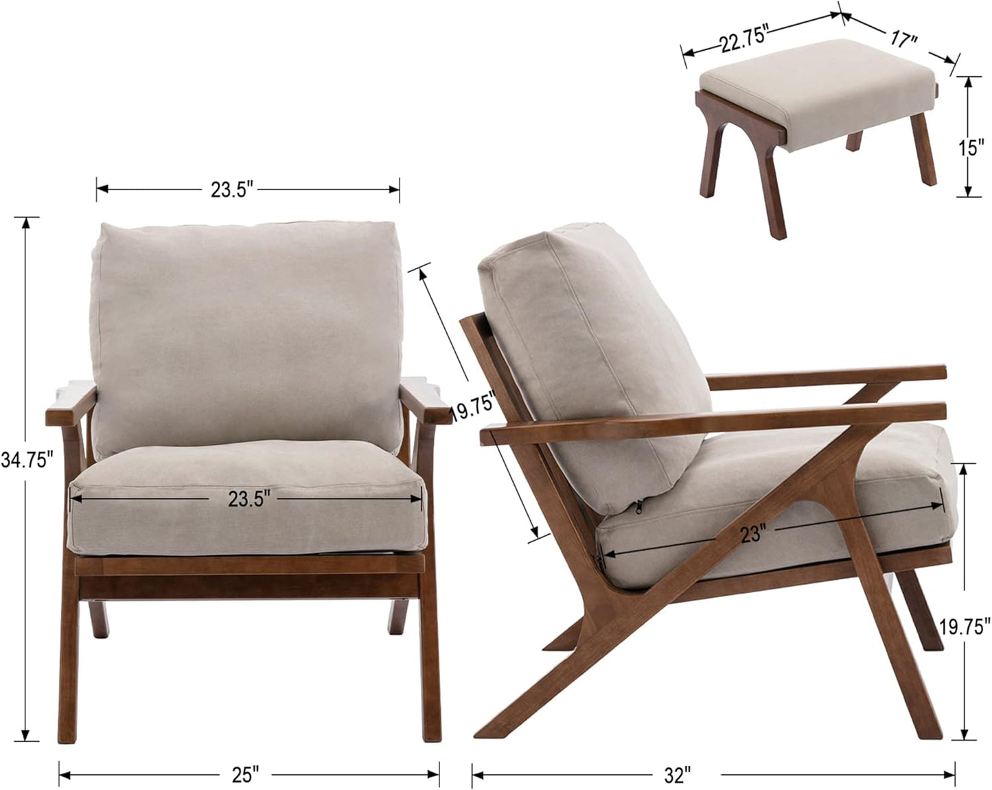 chairus 2 Sets Mid-Century Modern Accent Chairs with Ottoman, Linen Fabric Armchair with Wood Legs Comfy Upholstered Single Sofa Chair for Living Room/Bedroom/Lounge, Beige