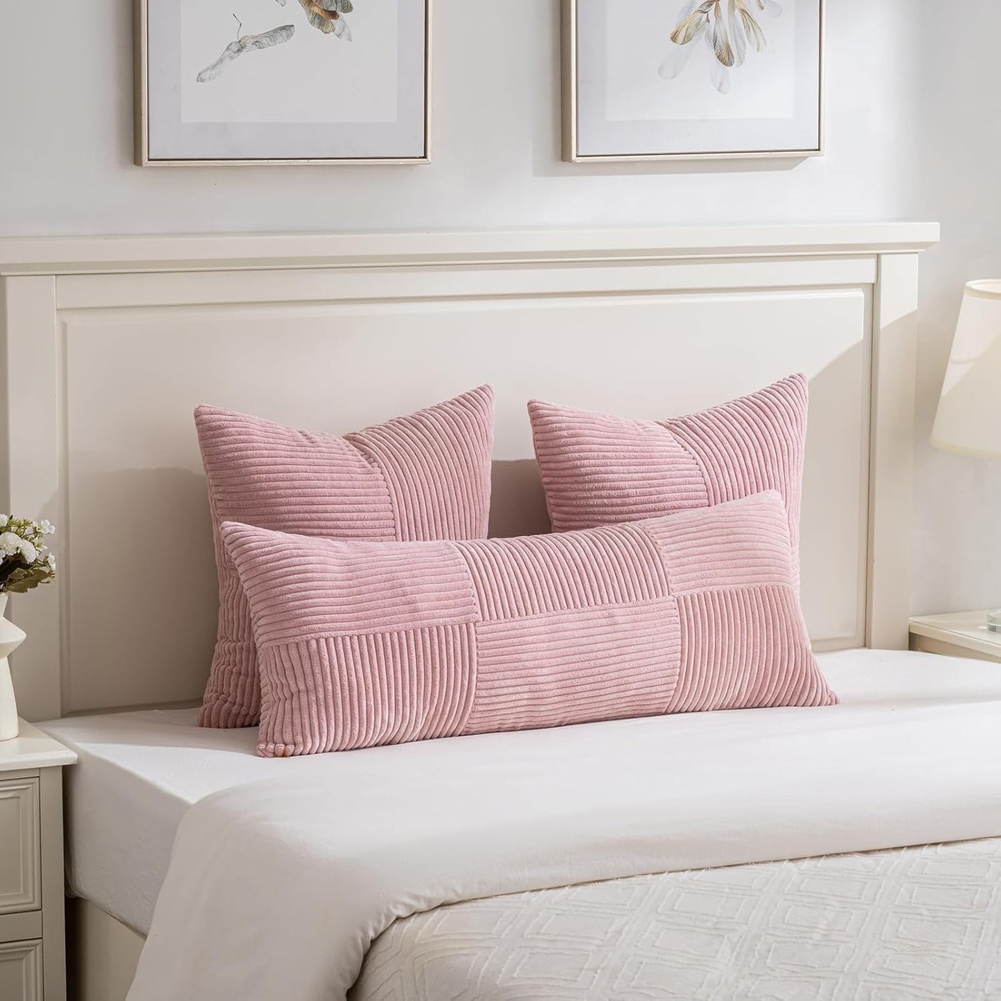 Fancy Homi 2 Packs Blush Pink Decorative Throw Pillow Covers 22x22 Inch for Living Room Couch Bed Sofa, Rustic Farmhouse Boho Home Decor, Soft Corss Corduroy Patchwork Accent Cushion Case 55x55 cm