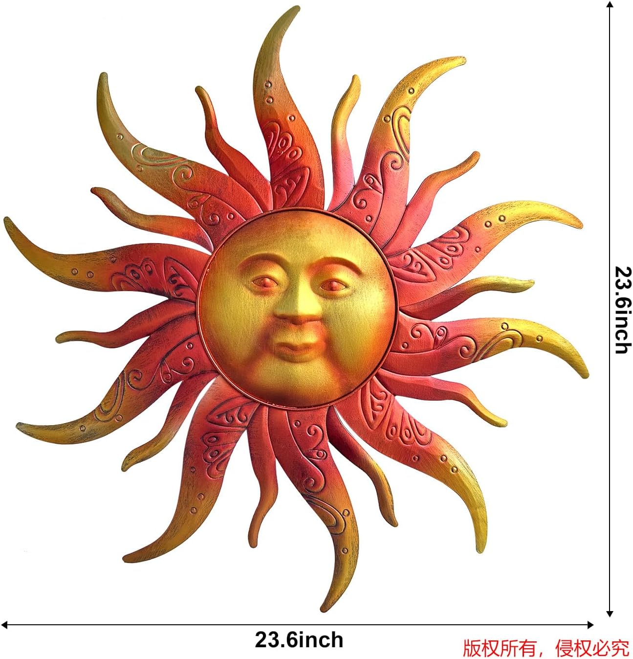 Large Metal Sun Wall Art Decor - 23.6 Inches Rustic Retro Hanging Decoration for Indoor Outdoor, Home Garden Farmhouse Yard Patio Fence Living Room Bedroom (Gold)