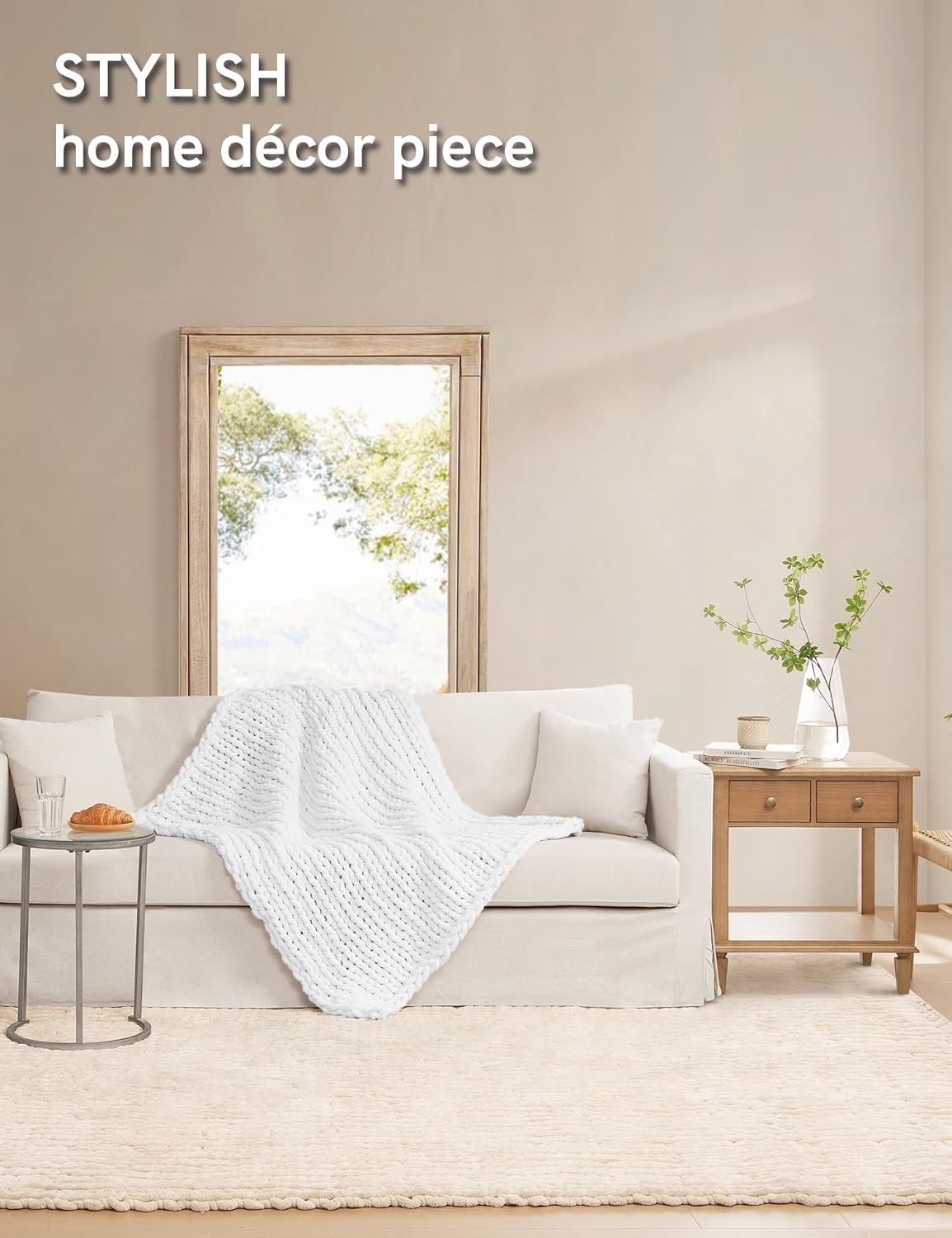 YnM Chunky Throw Blanket, Medium-Weight, Hand Knitted with Chenielle Yarn, Skin Friendly, Ventilated and Breathable, Machine Washable, Home Décor Piece for Couch, Sofa and Bed (White, 60x80 Inch)