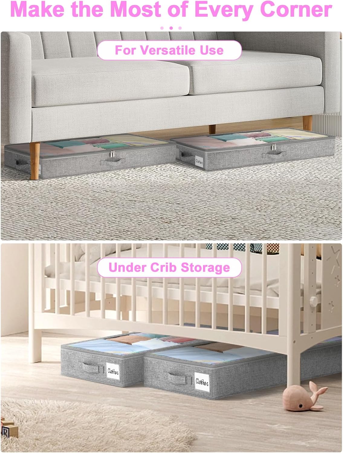 punemi Under Bed Storage Containers, Below 4 Inches Tall Low Profile Underbed Storage, NO STRUCTURE, Soft Foldable Underbed Cloth Storage Bags, Zipper Blanket Storage Container, 2Pack, 20x40x3.7in