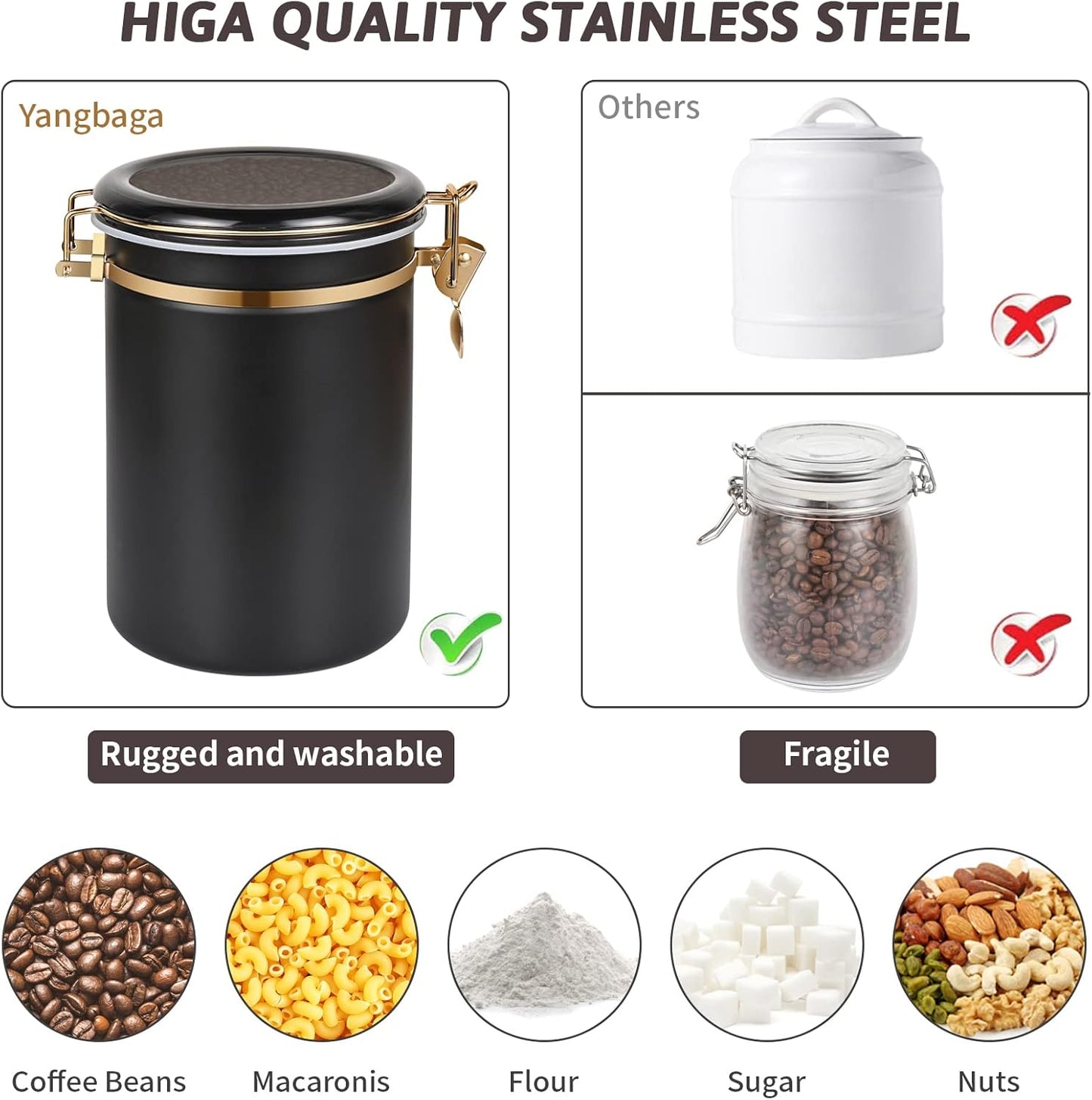 Yangbaga 304 Stainless Steel Coffee Canisters for Ground Coffee,2 x 63OZ Coffee Container with Shelf Coffee Bean Storage, Food Storage Jar with Gold Airtight Locking Clamp and Spoon for Kitchen