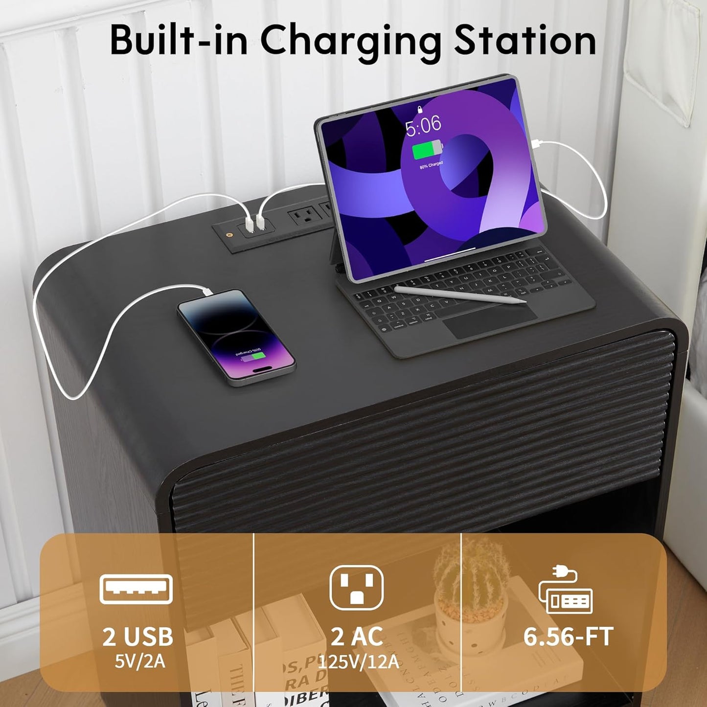 Fluted Nightstand with Charging Station, Mid Century Modern Bed Side Table End Table with Drawer Storage, Large Wooden Night Stands Bedside for Bedroom Living Room Sofa Office, Black