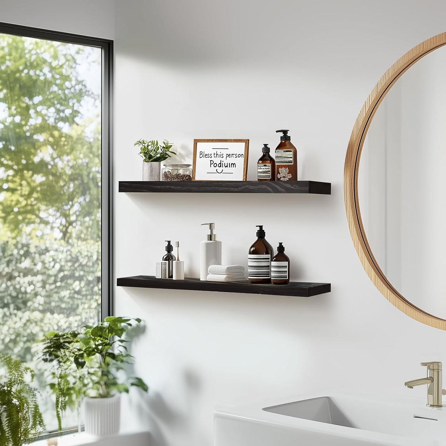 Floating Wall Shelves 2-Pack - 24-Inch Rustic Black Wooden Shelves for Storage and Décor, Easy Installation for Living Room, Bedroom, and Kitchen