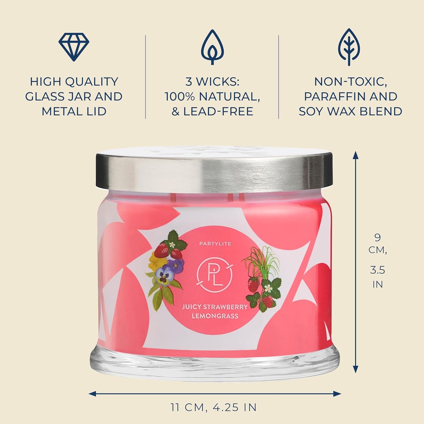 PartyLite Juicy Strawberry Lemongrass Scented, Notes of Lemongrass, Eucalyptus, Pansies, Verbena & Cedarwood, 13.2oz 3-Wick Jar Candle, 45 Hour Burn Time, Luxurious Fragrance, Ideal for Gifting
