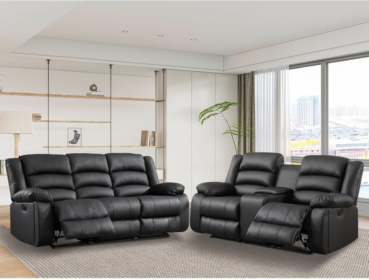 EBELLO Faux Leather Manual Recliner Sofa Set, Loveseat Reclining Sofa and 3 Seat Recliner Sofa, Couch Set for Living Room, Bedroom, Meeting Room, Black (Loveseat+Sofa)