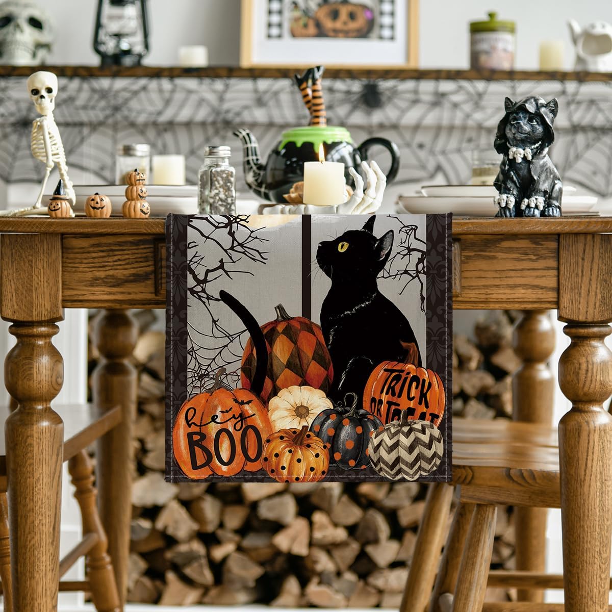 Artoid Mode Black Cat Pumpkins Boo Halloween Table Runner, Trick Or Treat Seasonal Kitchen Dining Table Decoration for Home Party Decor 13x120 Inch