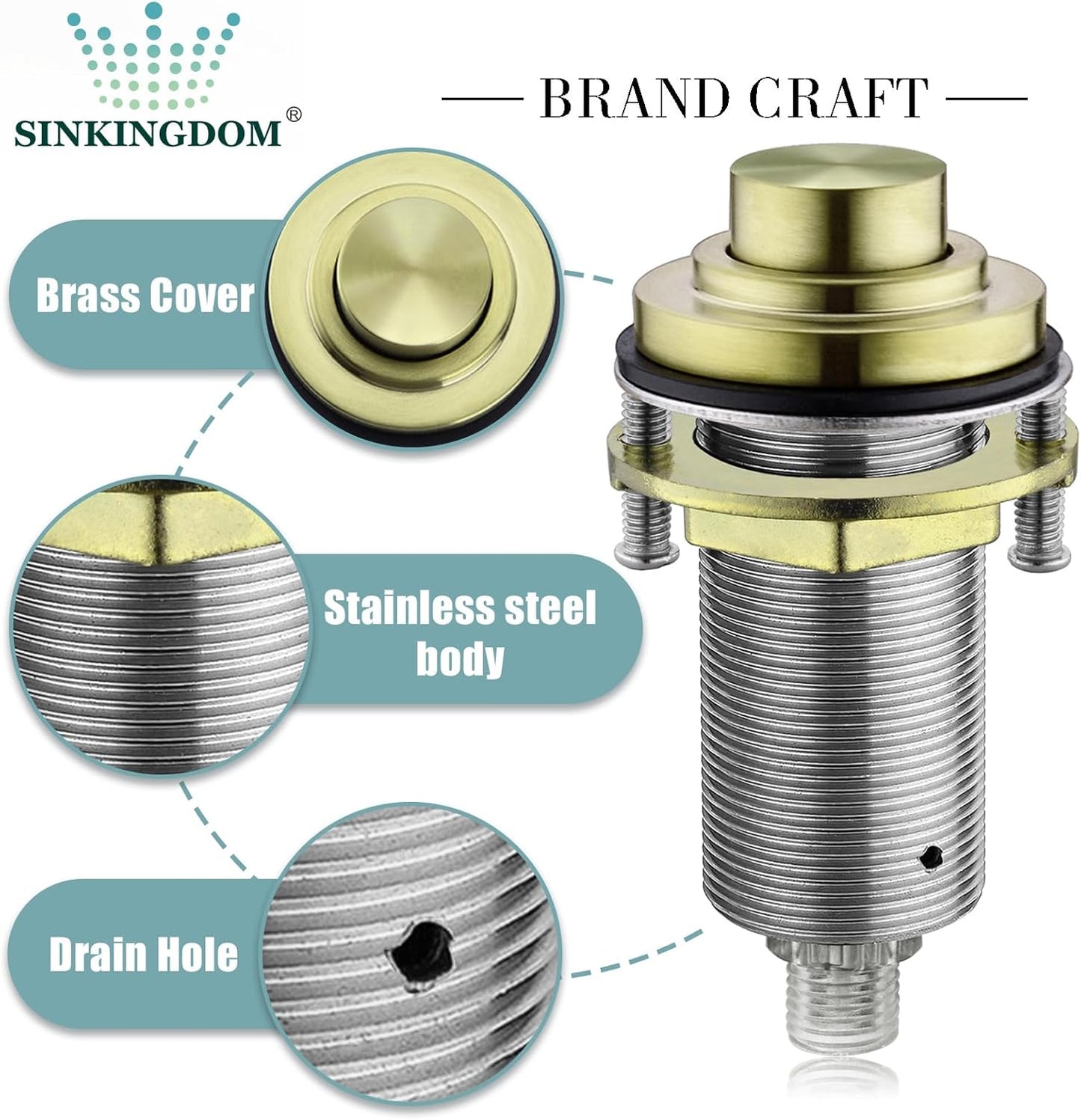 SinkTop Air Switch Kit with Brass Gold Long Button (Full Brass) for Garbage Disposal,without cabel