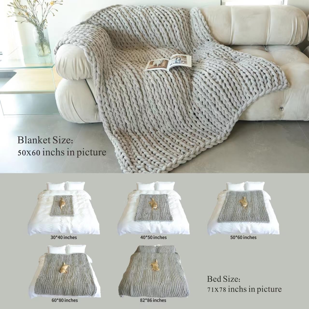 Maetoow Chenille Chunky Knit Blanket Throw （50×60 Inch）, Handmade Warm & Cozy Blanket Couch, Bed, Home Decor, Soft Breathable Fleece Banket, Christmas Thick and Giant Yarn Throws，Grey