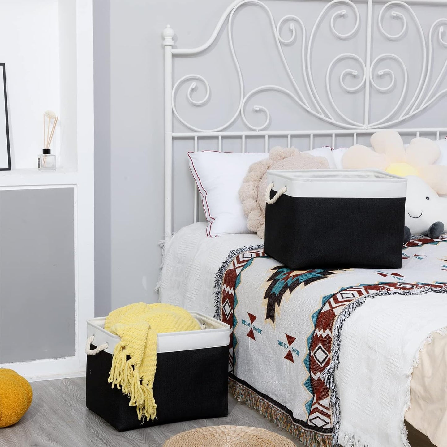 Bidtakay Black Storage Bins Storage Baskets for Shelves Decorative Basket Set of 2 Fabric Cloth Bins for Organizing 16x11.8x11.8 in Large Tall Baskets with Soft Handles for Home Office Living Room