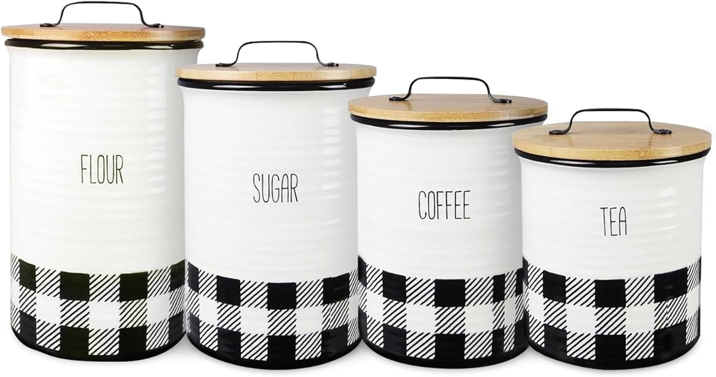 Young's Inc. 4 Pcs Set Plaid with Bamboo Lids Ceramic Canisters- Storage Container for Kitchen and Bathroom - Beautiful Home Decor Accent to Store Food, Coffee, Tea, and More - Black, White