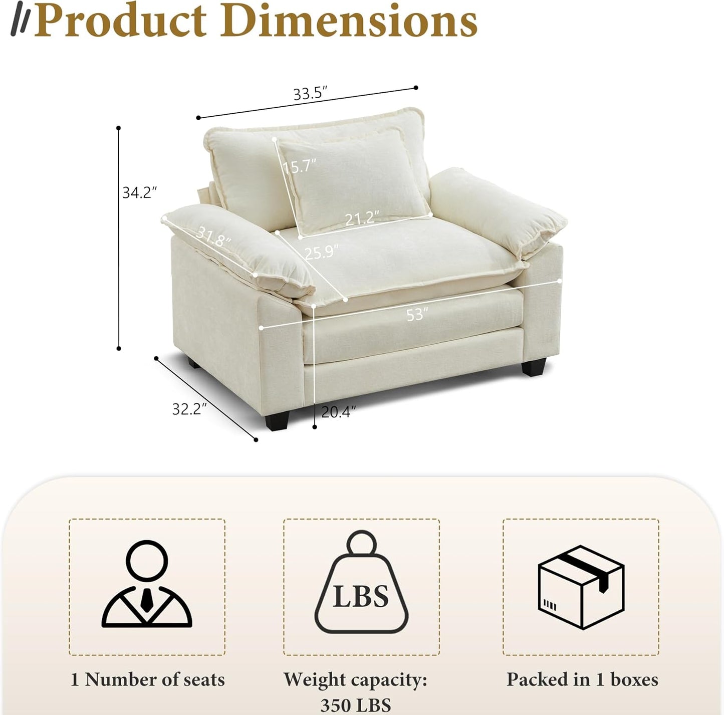 URRED Modular Sectional Sofa Comfy Cloud Couch, Modern Chenille Sofa Sleeper Deep Seat Couches with Ottoman/Pillows for Living Room (White, 53'')