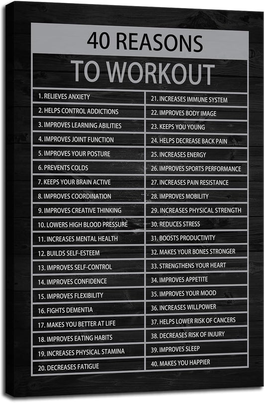 Inspirational Wall Art Inspirational Office Decor Wall Positive Quotes Success Poster 40 Reasons to Workout Canvas Artwork Picture Print Framed for Home Living Room School Wall Decor[24" W x 36" H]