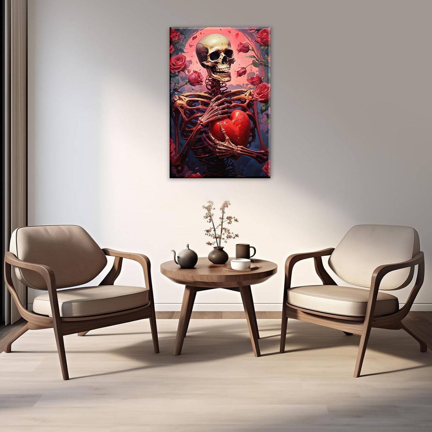 OAAPITI Skull Skeleton Canvas Wall Art Skull Holding Heart Picture Print Romantic Theme Painting Artwork Gothic Poster Wall Decor Living Room Halloween Decor(Artwork-1,16"x24")