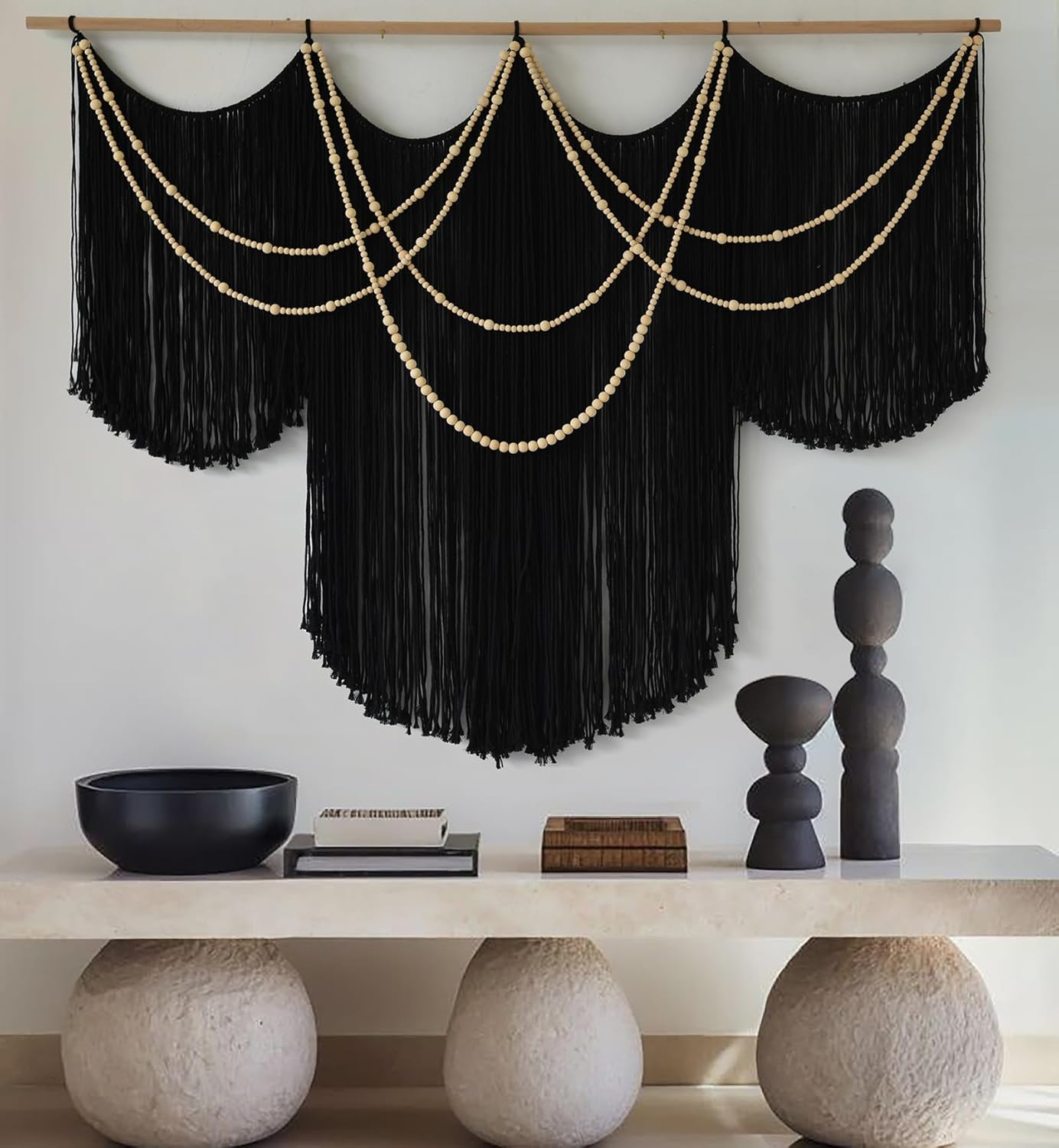 Macrame Wall Hanging Black Yarn Tapestry Home Decor Large Fiber Wall Art Living Room Bedroom Home Wall Decor 57" W x 43" L