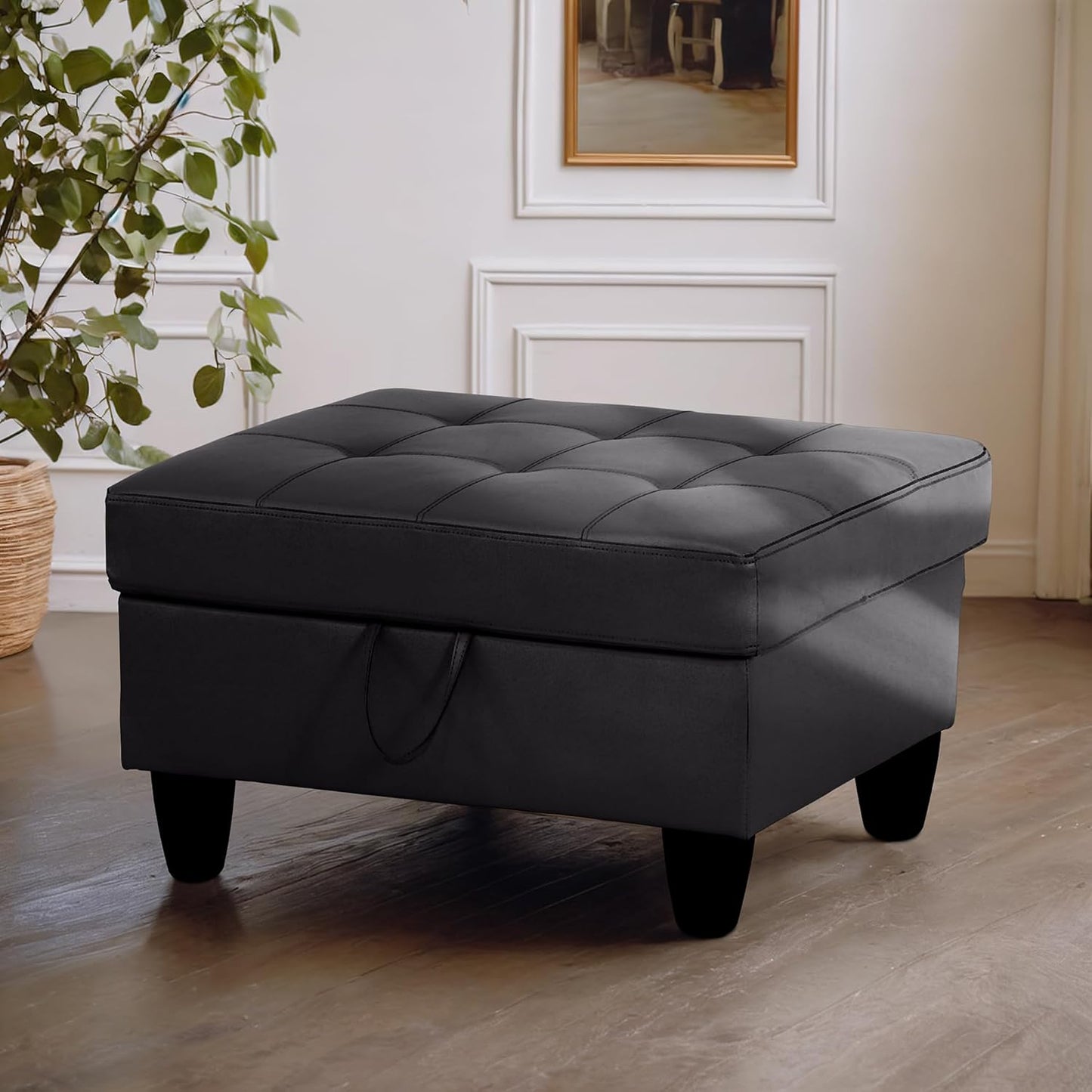 Ottoman Rectangular Storage Ottoman Bench, Faux Leather Footrest, Coffee Table, Stool Footstool with Hinged Lid for Living Room, Bedroom, Entryway, Black, 35"x23.5"x17.5"