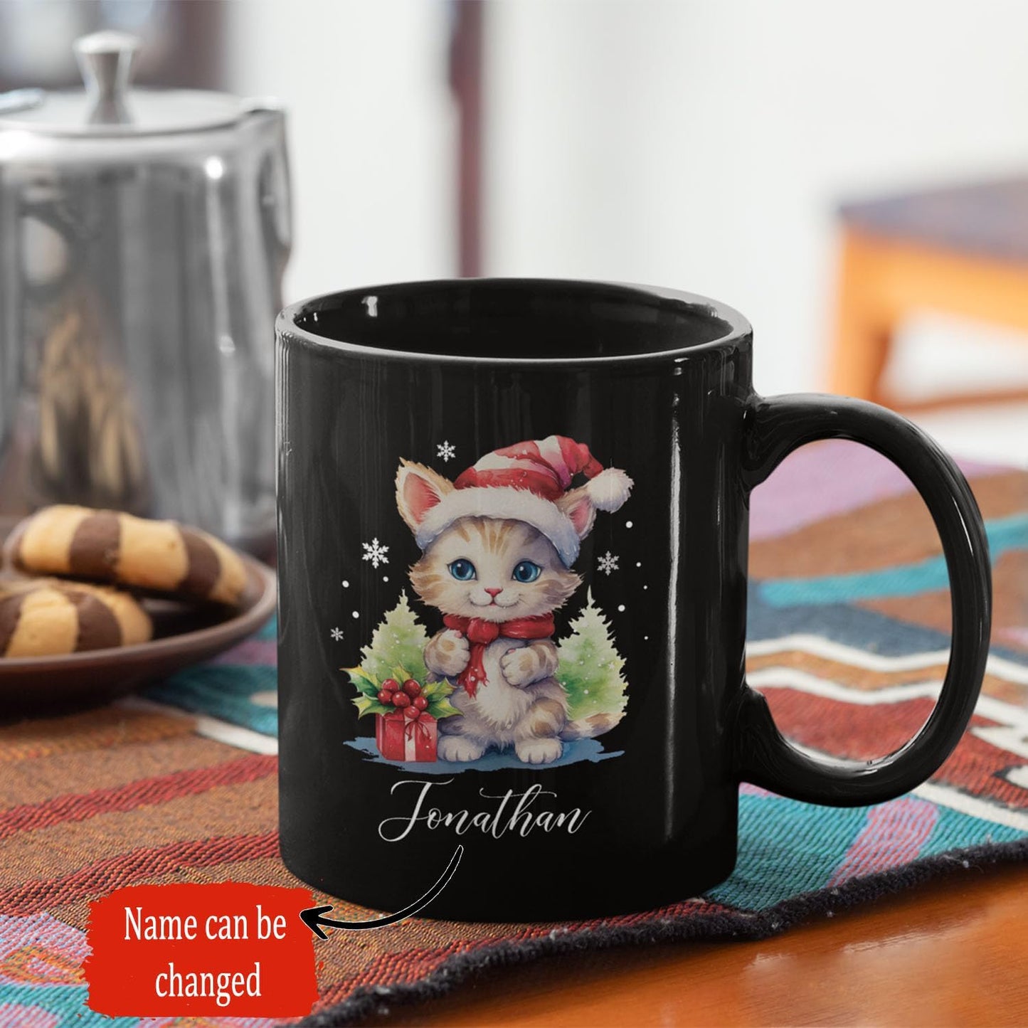 Cute Christmas Cat Cup, Customized Animal Coffee Mug, Gift For Birthday, Personalized Animal Lover Black Cup 11oz 15oz, Custom Xmas Cat Design Mug For Girl