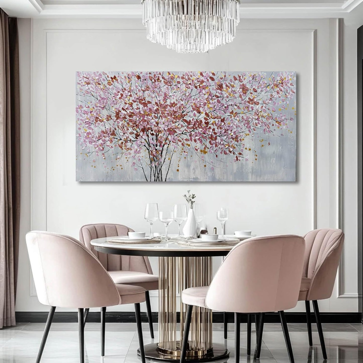 Gold and Pink Canvas Wall Decor Botanical Prints Floral Wall Art Line Painting for Living Room Tree Scenery Picture for Home Hotel 29x58 Inch
