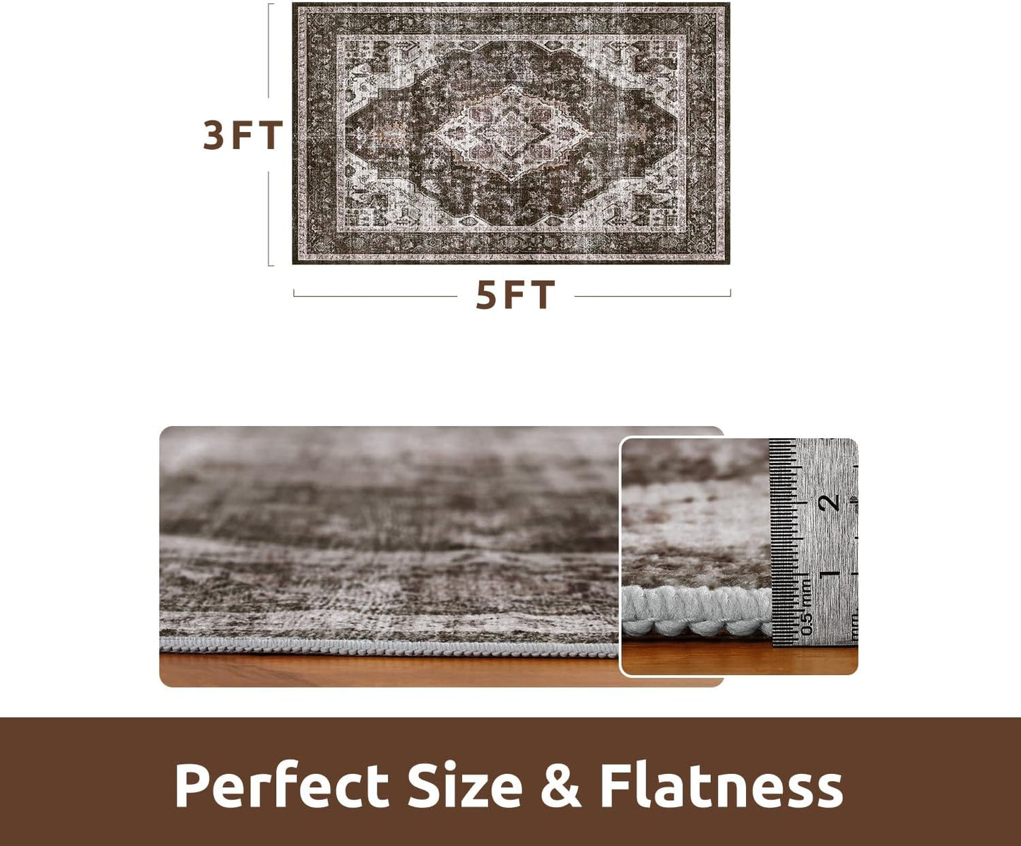 AMOAMI-3X5 Area Rug-Soft Washable Vintage Throw Accent Rugs for Living Room, Entryway, Bedroom, Kitchen, Bathroom, Laundry Room, Kitchen, Bathroom, Bedside, No Slip Brick/Brown