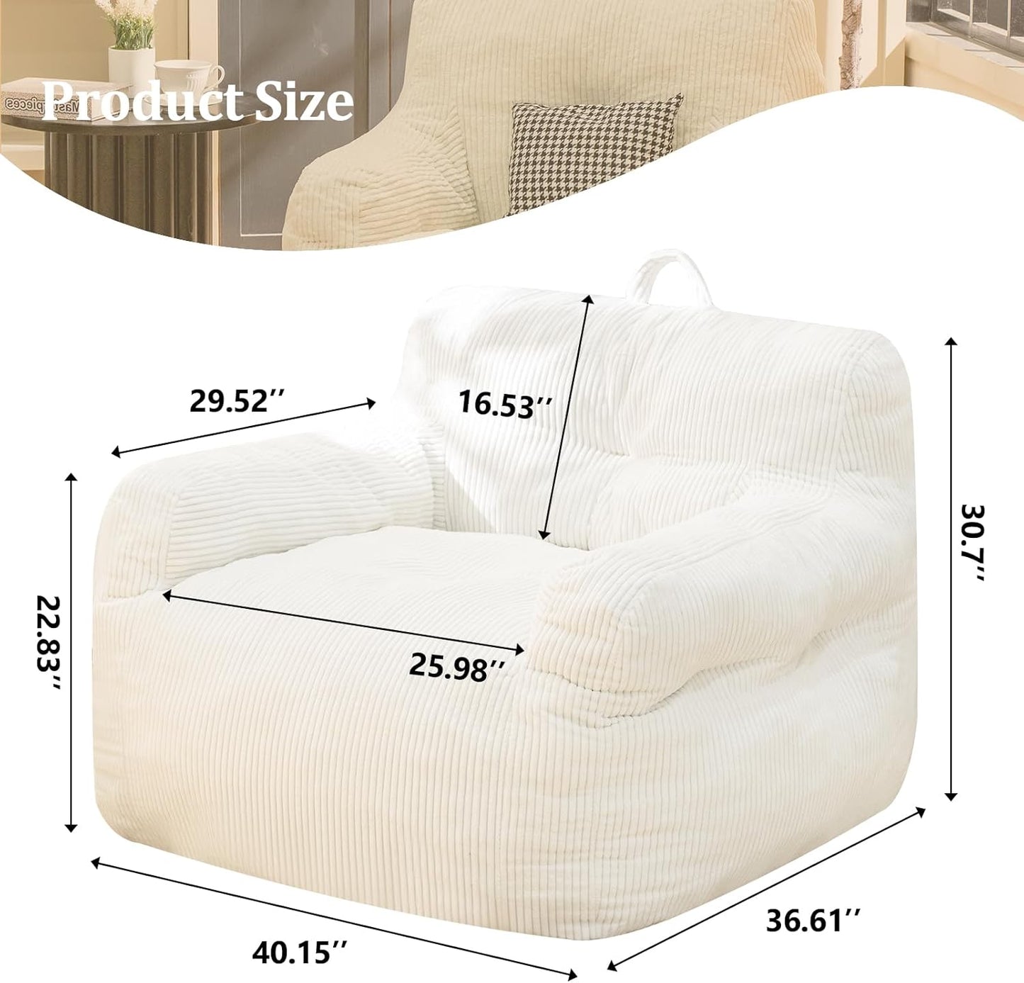 Bean Bag Chair for Adults - Faux Fur, Fluffy and Comfy with Filler, Big Sofa for Reading, Gaming (Beige, Oversize)