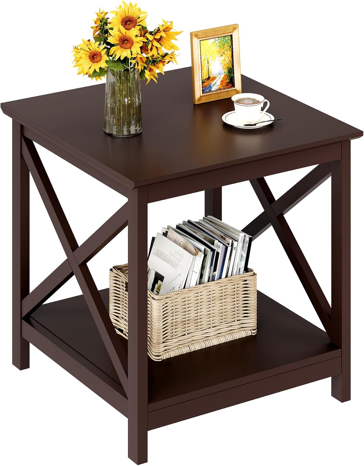 ChooChoo End Table, 24 Inch End Table with 2-Tier Storage Shelf, Side Table for Living Room, Wood Nightstand for Bedroom, Office, Painted Surface, Espresso