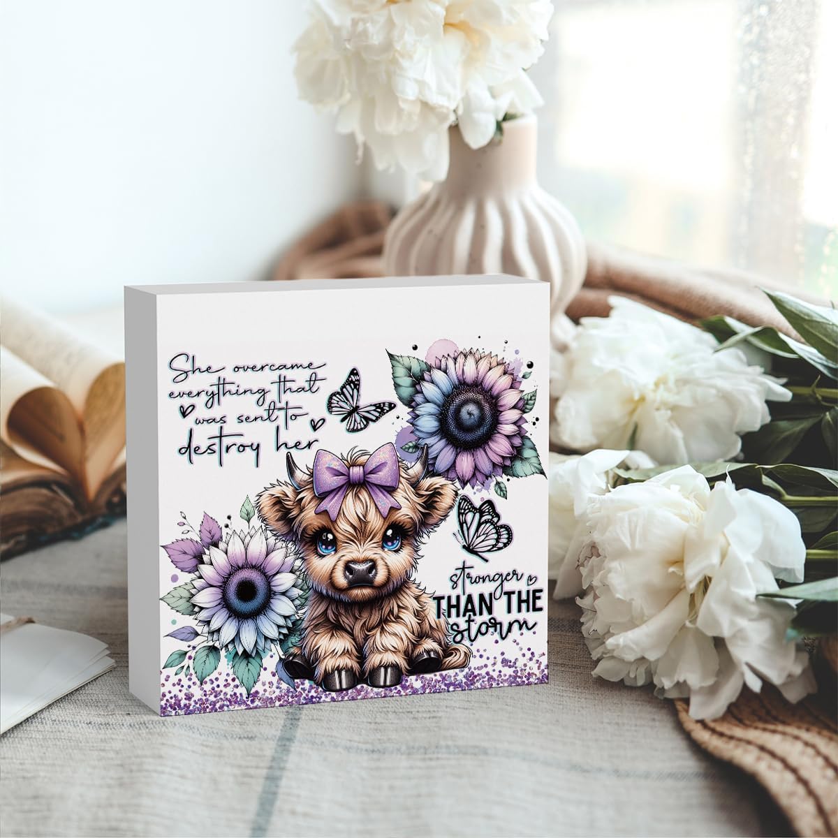 Cute Highland Cow Baby Decor, Highland Cow Sunflower Decor, Highland Cow Gifts for women, Highland Cow Nursery Decor, Wooden Box Decor Sign for Home Farmhouse Office Living Room Table Shelf