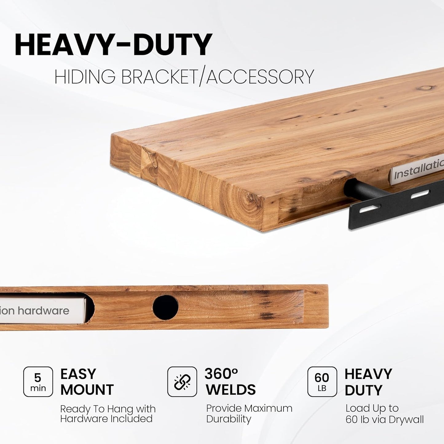 Fun Memories Floating Shelves for Wall, 55"x9.3" Rustic Solid Elm Wood Shelves, Heavy-Duty Wall Mounted Shelves with Invisible Brackets for Living Room, Bedroom, Kitchen, Natural Finish