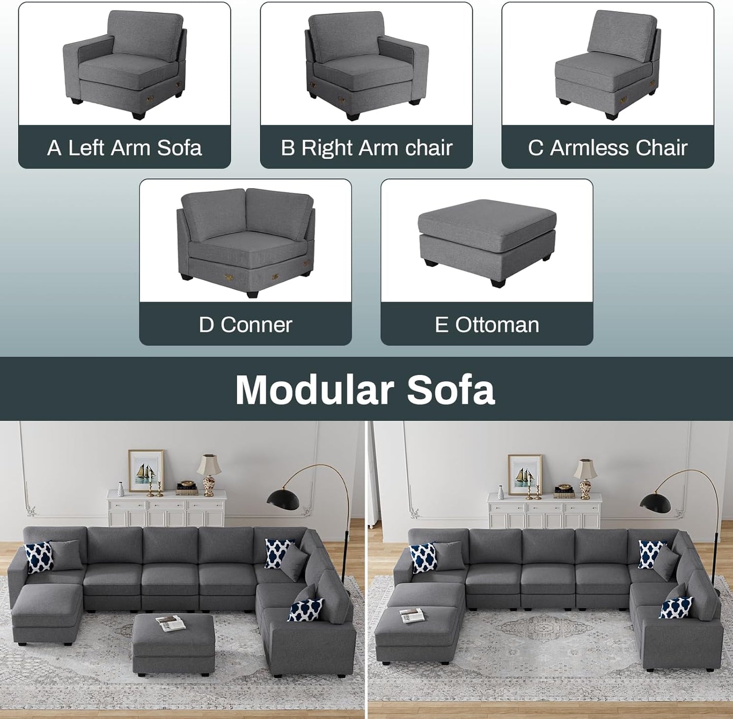 L Lengend Vansen Modular Sectional Sofa U Shaped Couch with Ottoman Modern Reversible Corner Sectional Couch for Living Room (Dark Grey, U Shaped Sofa-5)