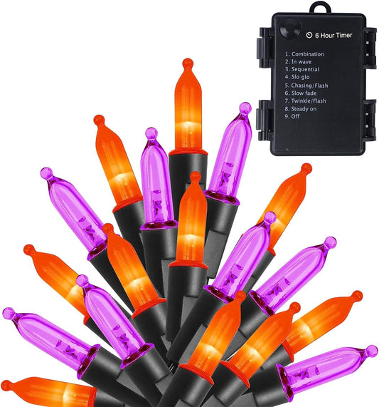WATERGLIDE 50 LED Outdoor Halloween Lights, 16 FT Mini String Light with 8 Modes, Waterproof Battery Operated Tree Lights for Indoor Outdoor Patio Garden Party Wedding Decoration, Orange & Purple