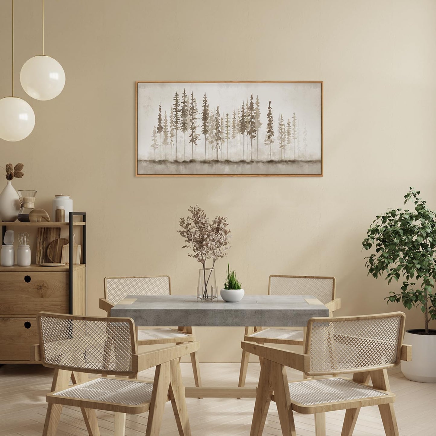 HPINUB Misty Forest Framed Canvas Wall Art Set, Foggy Pine Tree Wall Decor, Pastel Nature Landscape Wall Painting, Evergreen Coniferous Plant Art Print for Living Room, Bedroom, Office - 20"x40"