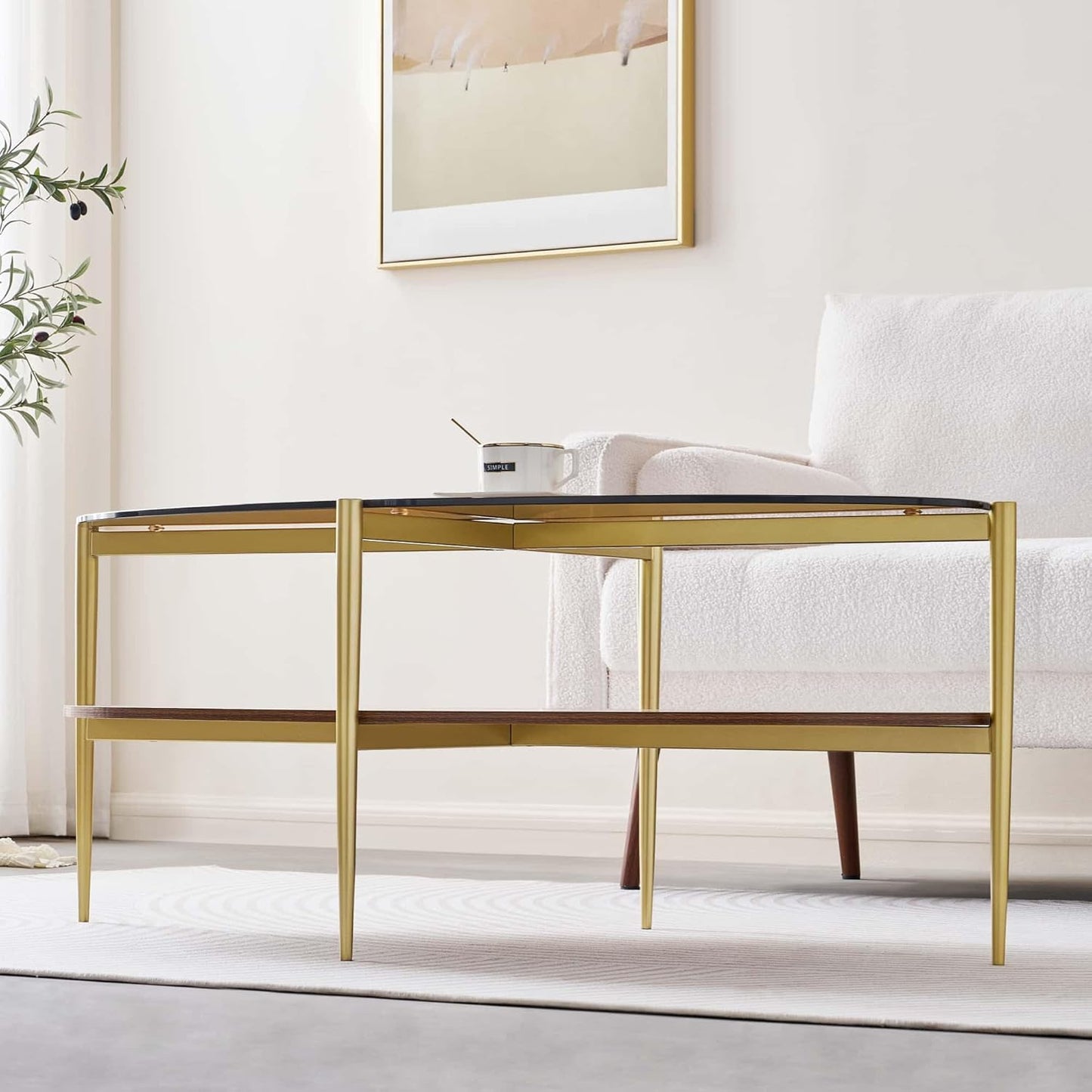 Oval Glass Coffee Table, Mid-Century Modern Design, L43 x W22 x H17 inch, 2-Tier Structure, Olive Shaped Amber Glass Top and Walnut Finish Wood Shelf, Tapered Legs with Gold Finish Frame