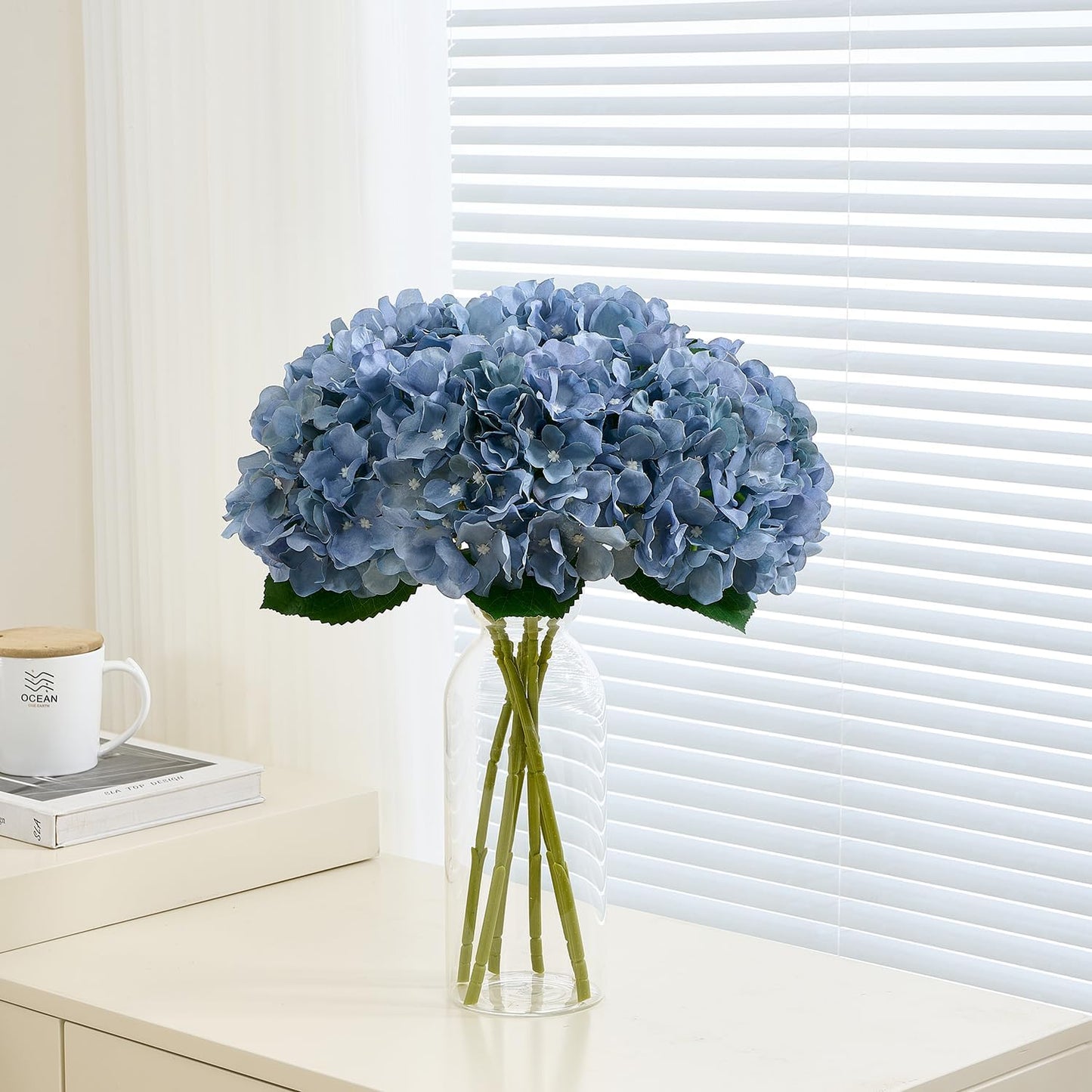 8Pcs Dusty Blue Fake Flowers Silk Hydrangea Artificial Flowers Bouquets Faux Hydrangea Stems for Home Table Centerpieces Wedding Party Decoration