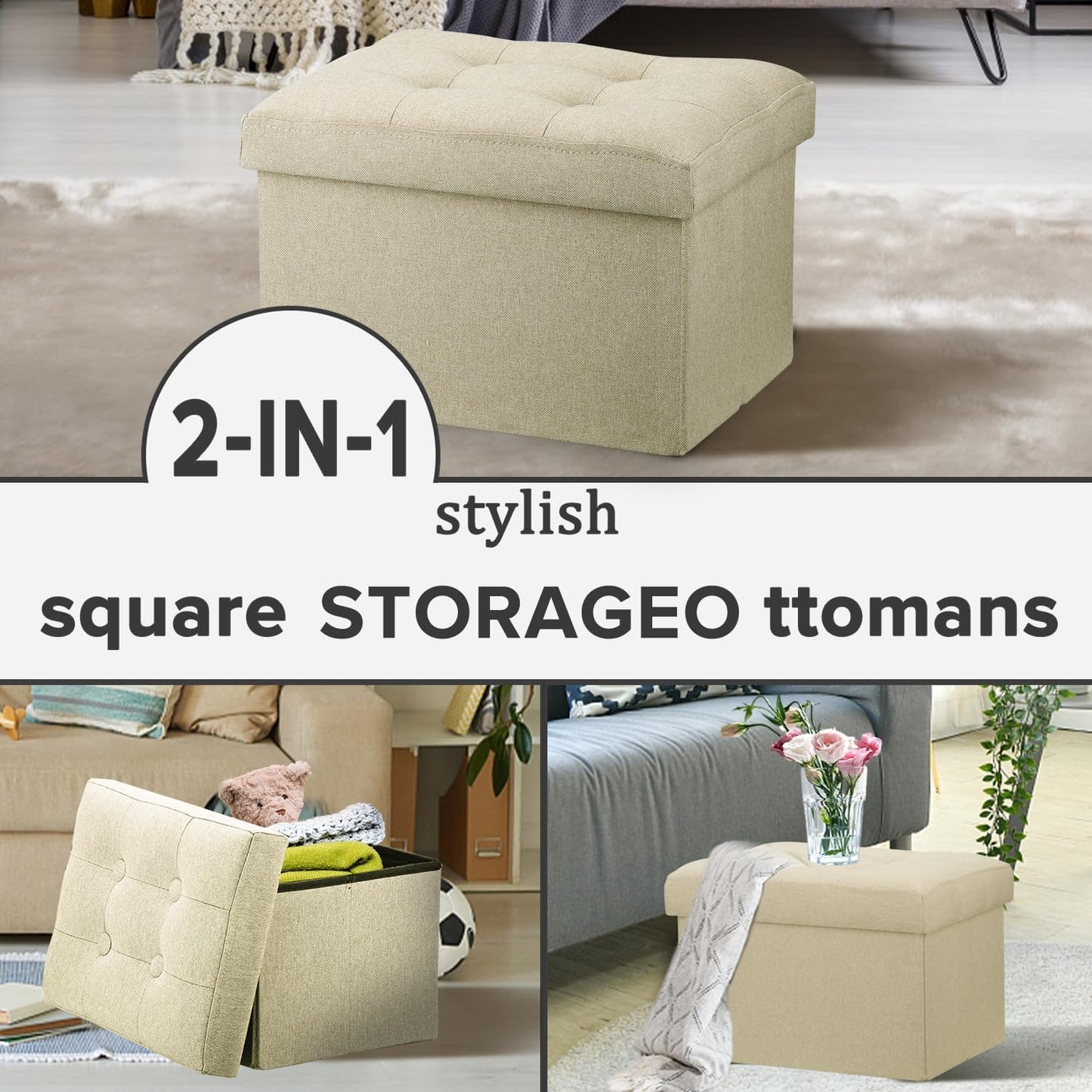 LINMAGCO Ottoman Storage Ottoman with Storage Small Foot Rest Stool Under Desk Stool Short Folding Footrest Linen Cloth Beigh 16X12X12IN