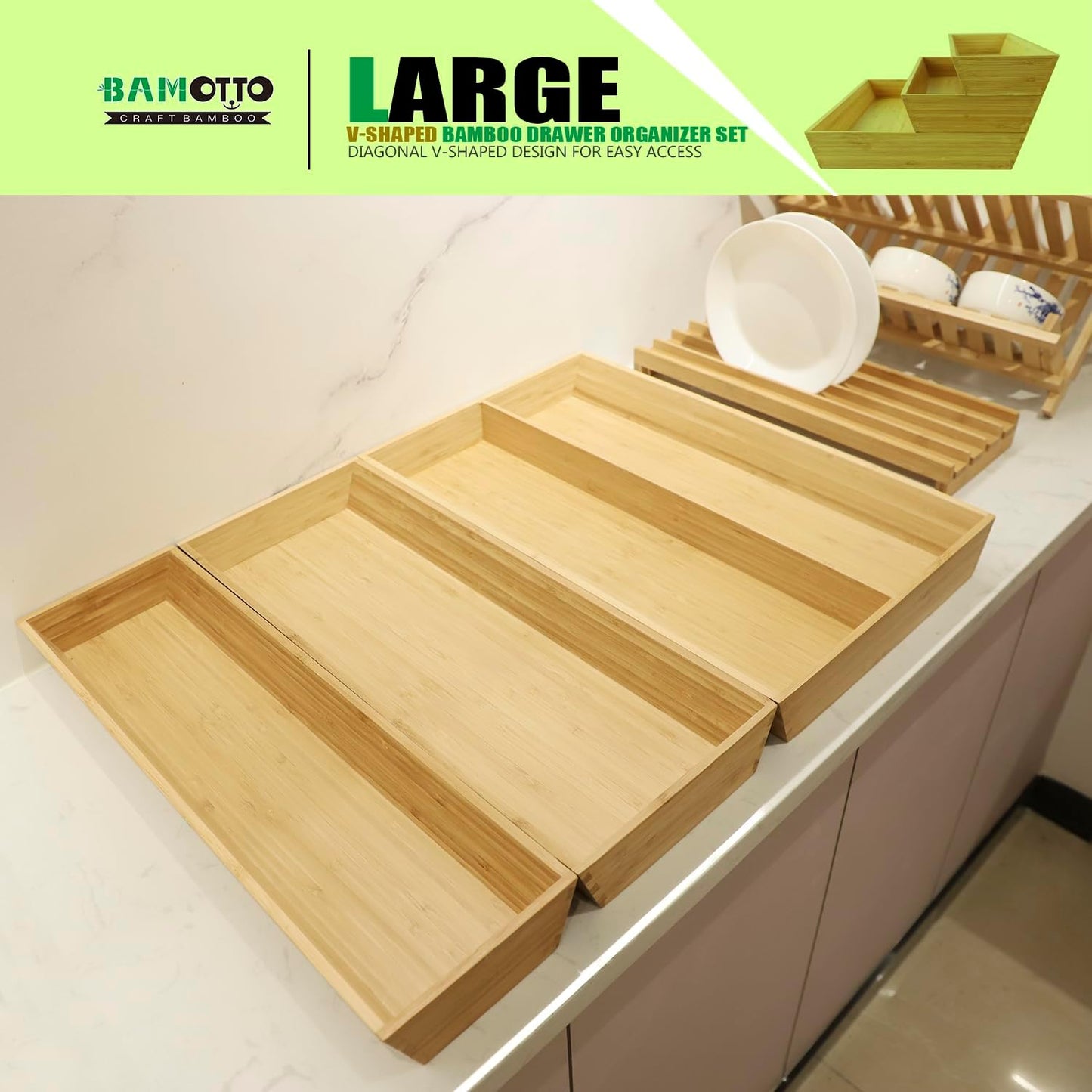 V-Shaped Bamboo Drawer Organizer Set of 3, Kitchen Large and Long Utensil Plate, Flatware & Silverware Storage Box, Wood Drawer Organizer for Bedroom, Living Room (19.6"x5.7" & 7.8" & 12.4")