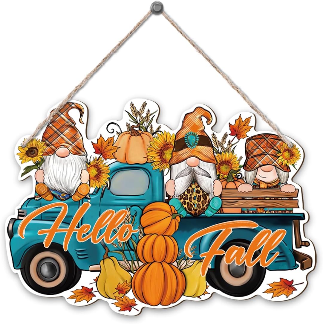 Hello Fall, Wood Hanging Gnome Decoration, Hello Fall Wood Hanging Decors, Rustic Thanksgiving Decors for Porch, Indoor Outdoor Autumn Door Decor(Truck), Housewarming Gift, Home Indoor Outdoor Decor