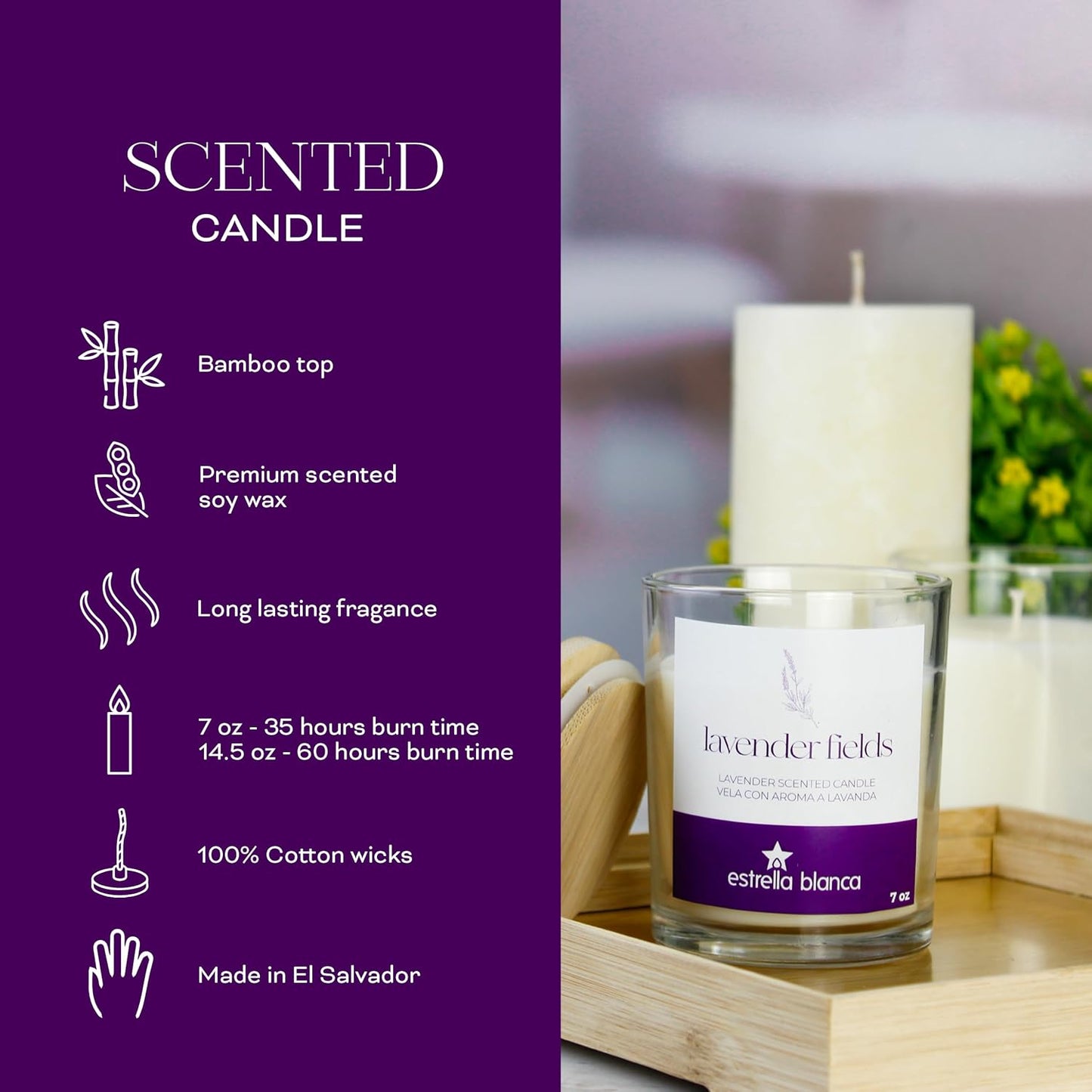 Lavender Fields Candle 7 oz – Best Smelling Soy Candle, Non Toxic, Long Lasting, Gift for Women, Natural Soy Wax, Home Decor & Spa Ambience, Aromatherapy, Relaxing Home Scent