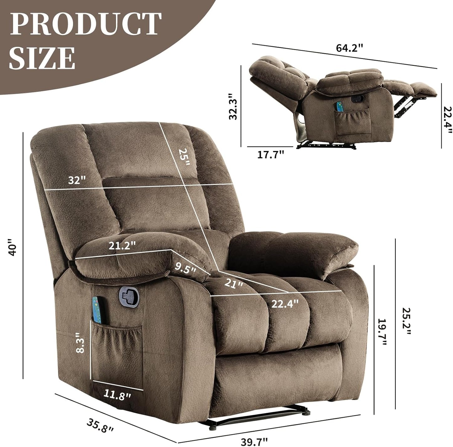 Massage Recliner Chair with Heat and Massage, Soft Fabric Ergonomic Manual Reclining Chairs, Heavy Duty Reclining Sofa Chair with Side Pockets for Living Room (Taupe)