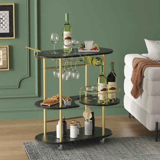 Black Bar Carts with 4-Tier Storage Shelves, Mobile Bar Serving Cart with Wine Rack and Glass Holder, for The Home, Kitchen, Living Room, Dining Room