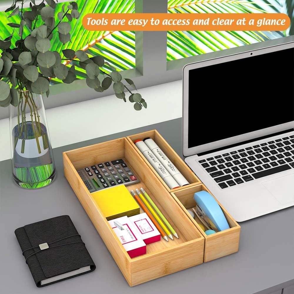 Bamboo Drawer Organizer Utensil Holder for Kitchen, Small Wood Silverware Storage Organizer, Stackable Box Tray for Cutlery, Flatware, Bathroom Caddy for Makeup, Perfume, Jewelry, 6x3x2.5 Inch