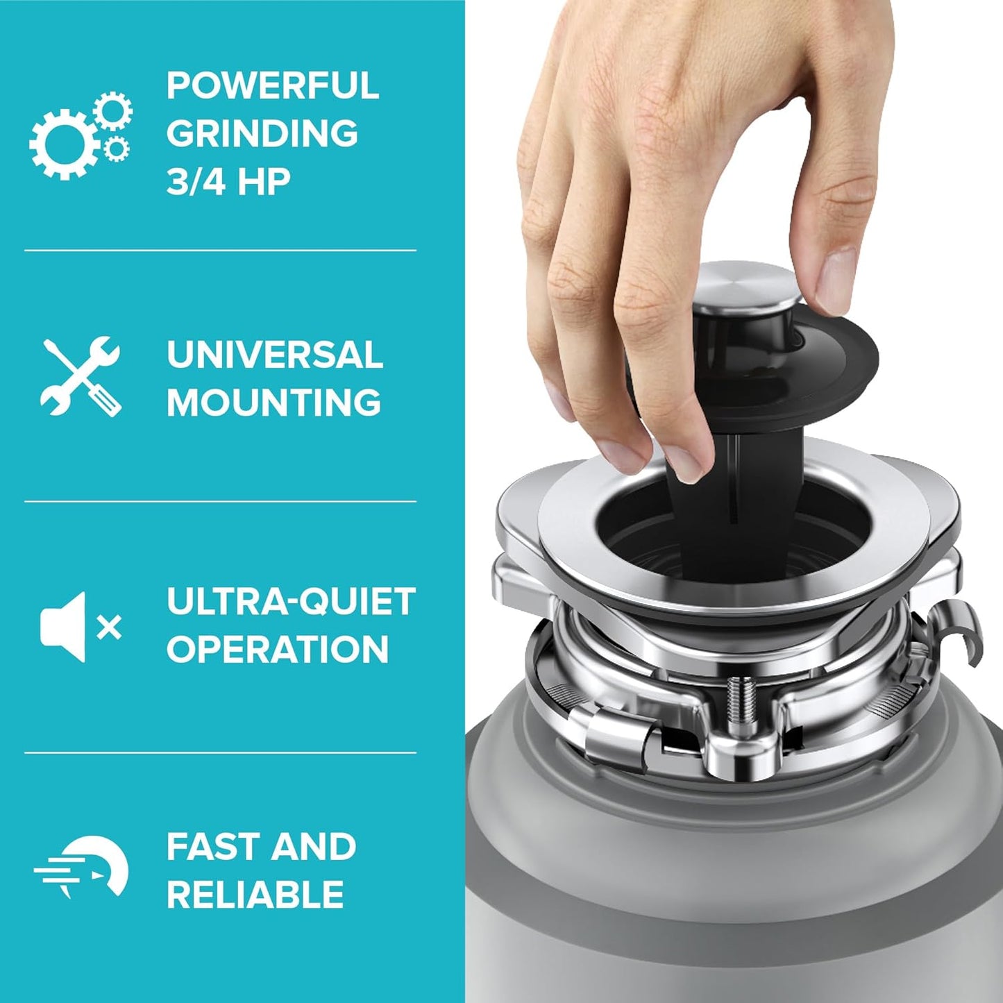 KRAUS WasteGuard High-Speed 3/4 HP Continuous Feed Ultra-Quiet Motor Garbage Disposal with Power Cord and Flange Included and Universal Mount, KWD210-75MGR