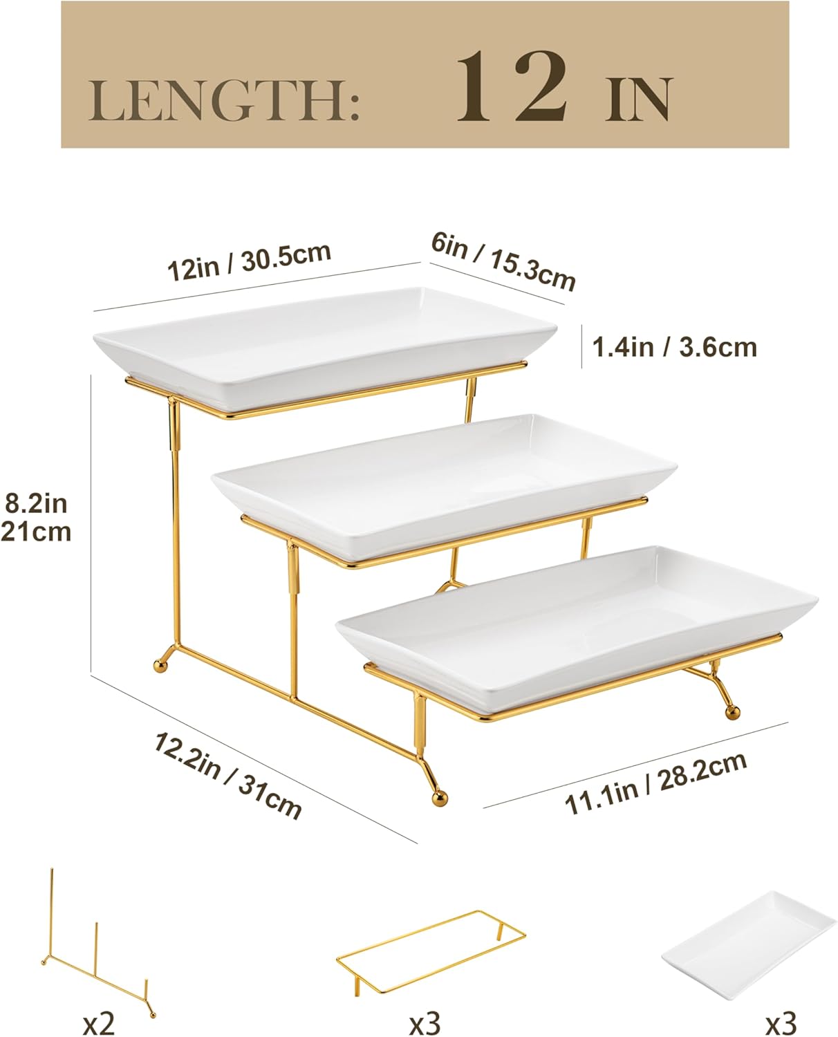 MALACASA 3 Tier Serving Trays for Party, 12 Inch Porcelain White Trays for Serving Food, Dessert Stand with Collapsible Gold Metal Rack