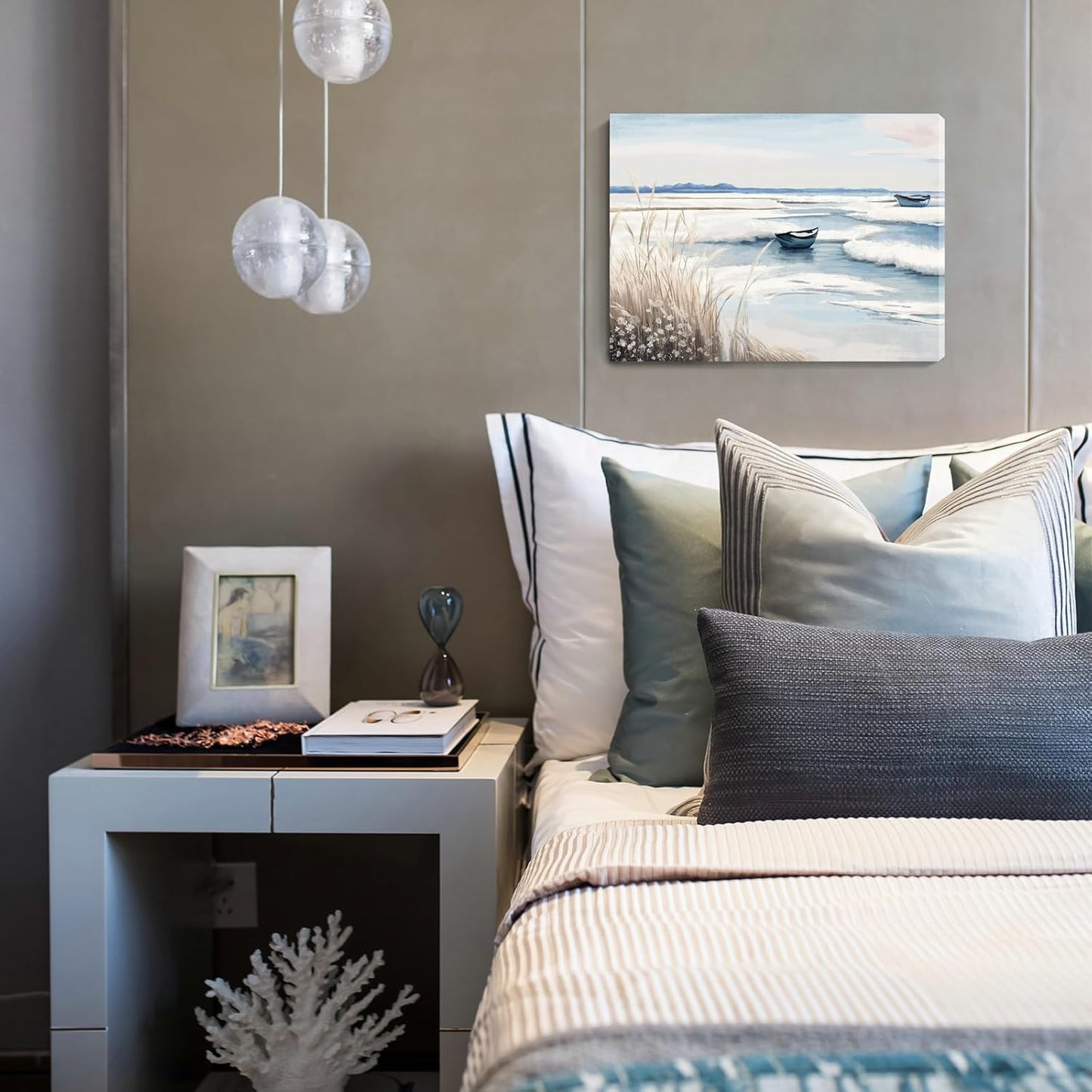 amatop Coastal Wall Art - Nautical Ocean Canvas Print with Light Blue & White Seascape, Boat, Reeds - Beach Picture for Modern Farmhouse, Lake House, Bedroom, Bathroom, Beach-Themed Artwork，16x12