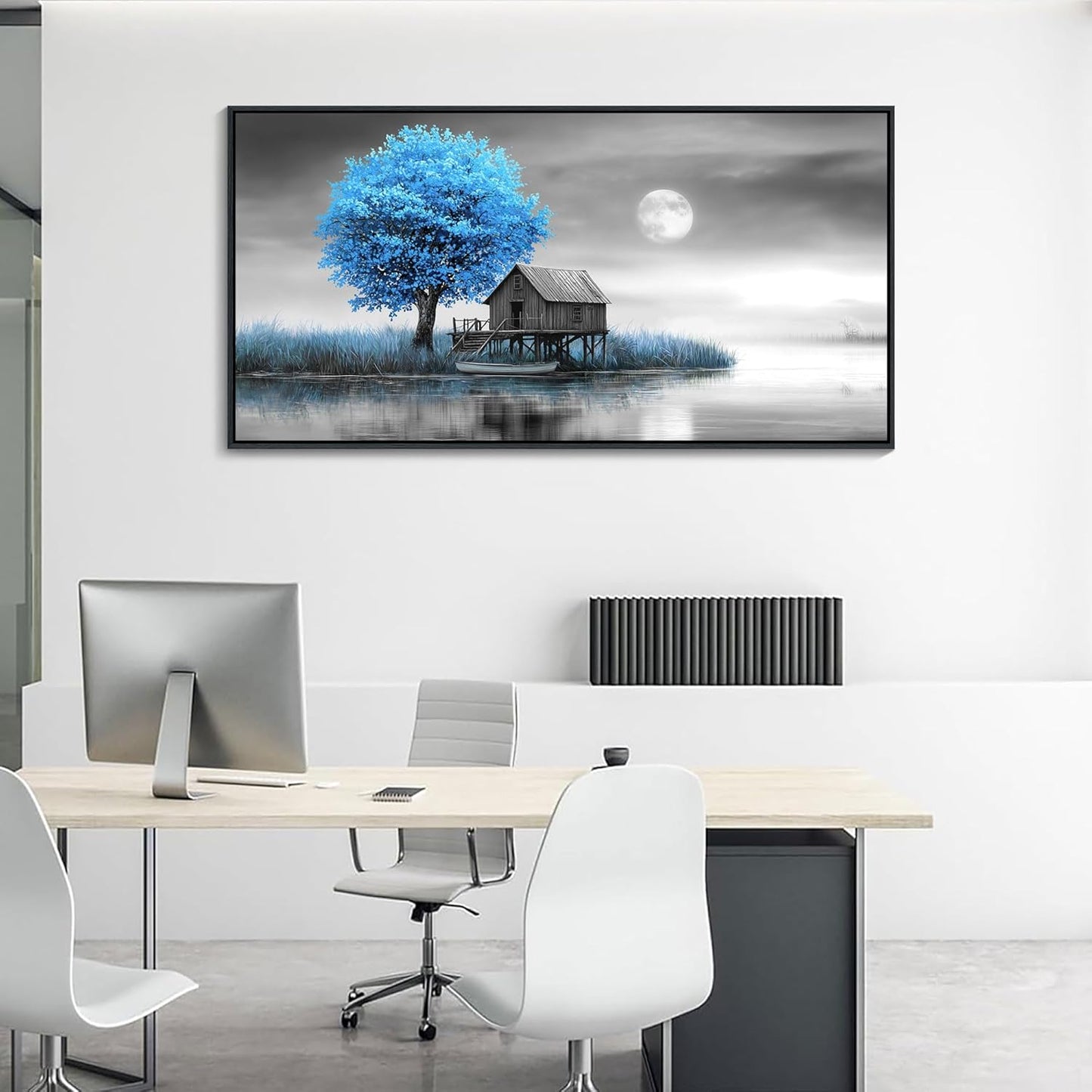 JEAWA Framed Canvas Wall Art Decor - Blue Gray Wall Art for Bedroom Living Room Home Office, Winter Landscape Wall Art Canvas Paintings, Moon Pictures Wall Decor, Tree Art Wall Decor, 24x48 IN